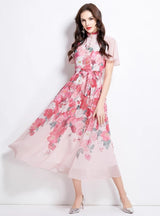Pearl-breasted Slim Printed Chiffon Dress
