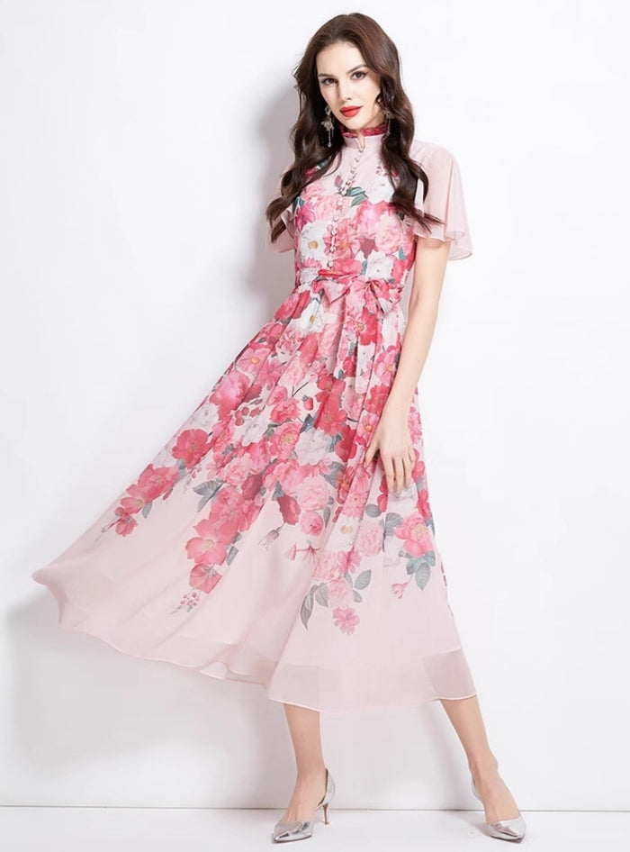 Pearl-breasted Slim Printed Chiffon Dress