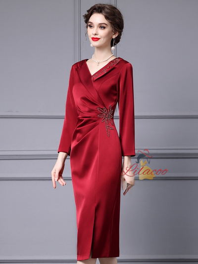 Burgundy Long Sleeve Mother Of The Bride Dress