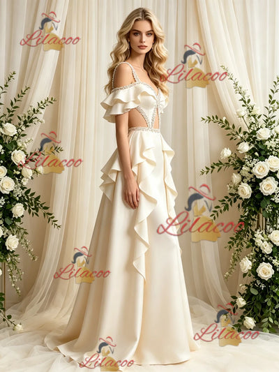 Ivory Satin Straps Beading Wedding Dress