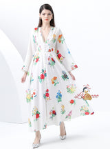 Retro Deep V-neck Printed Long Dress