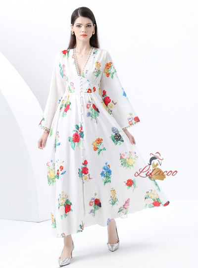 Retro Deep V-neck Printed Long Dress