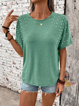 Solid Color Beaded Round Neck T-shirt