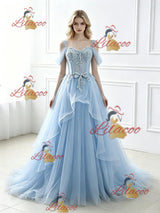 Blue Tulle Lace Straps Prom Dress