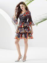 Printed Ruffled Short Flared Sleeve Dress