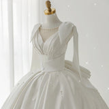 White Ball Gown Satin Pleats Pearls Wedding Dress