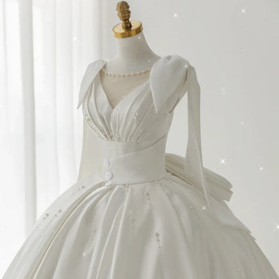 White Ball Gown Satin Pleats Pearls Wedding Dress