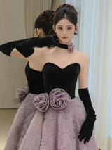 Purple Tulle Black Velvet Flower Prom Dress