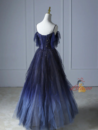 Blue Gradient Tulle Sequins Straps Beading Prom Dress