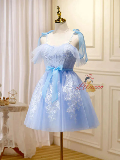 Blue Tulle Appliques Homecoming Dress