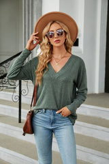 V-neck Loose Long Sleeve Button T-shirt