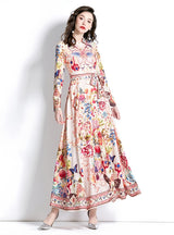 Retro Palace Style Lapel Long Sleeve Printed Dress
