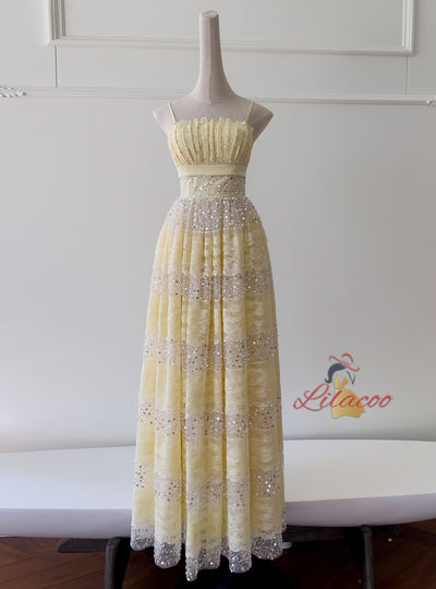 Yellow Lace Sequins Long Prom Dress