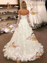 White Tulle Off the Shoulder Flower Wedding Dress