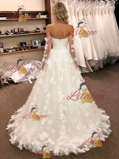 White Tulle Off the Shoulder Flower Wedding Dress