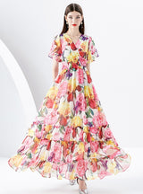 V-neck Flared Sleeve Printed Long Dress