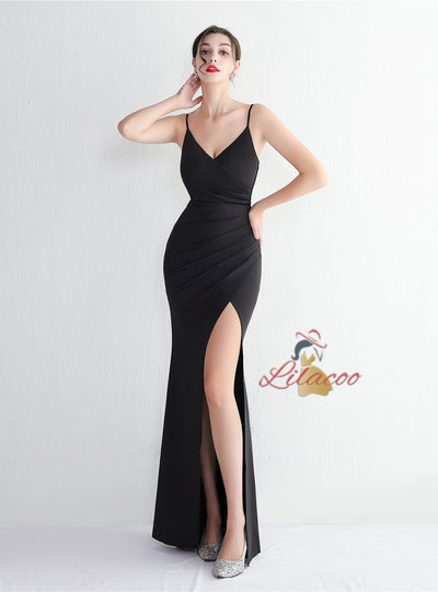Spaghetti Straps V-neck Split Prom Dress