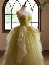 Green Tulle Straps Pleats Prom Dress