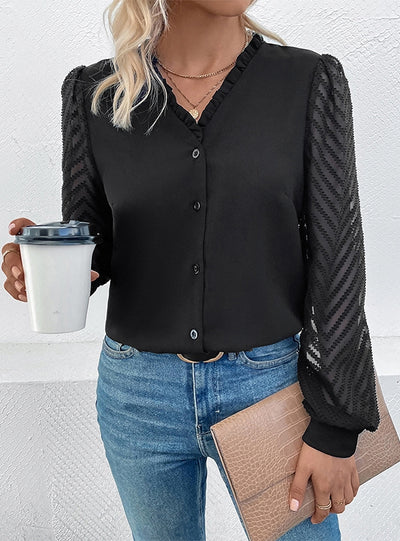 Lace Stitching Long Sleeve V-neck Shirt