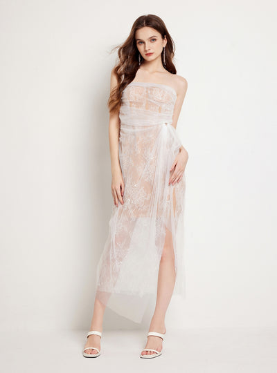 Lace Sequins Stitching Pleated Mesh Slit Dress