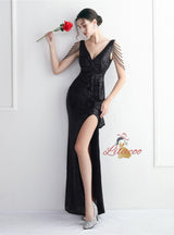 Sequins V-neck Beading Split Prom Dress