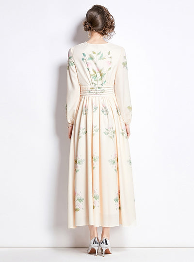 Printed Long-sleeved Slim Chiffon Dress
