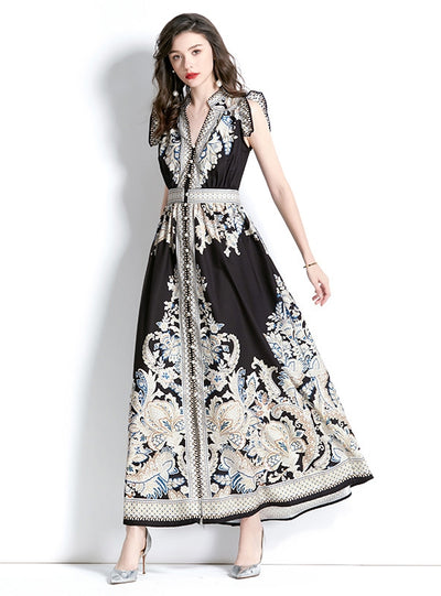 Retro Palace Style V-neck Printed Dress