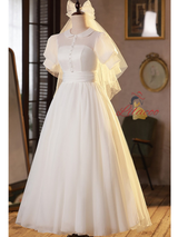 Simple White Tulle Short Sleeve Button Wedding Dress