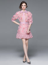 Flower Bubble Sleeve Top and Skirt Two-piece Suit