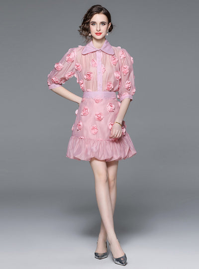Flower Bubble Sleeve Top and Skirt Two-piece Suit
