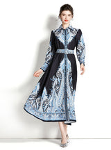 Long Sleeve Lapel Printed Long Dress