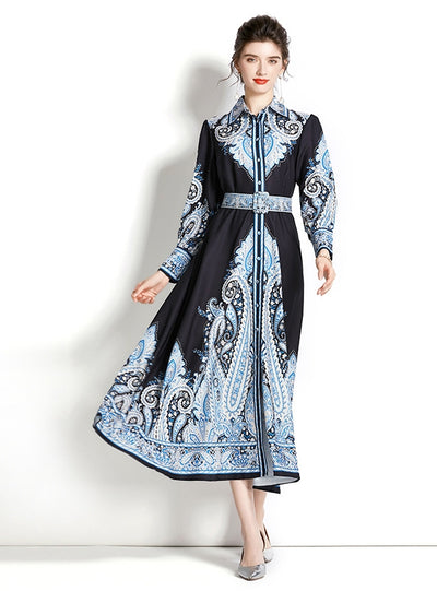 Long Sleeve Lapel Printed Long Dress