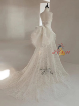 White Lace Straps Wedding Dress With Detachable Train