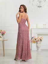 Pink Sequins V-neck Pleats Prom Dress