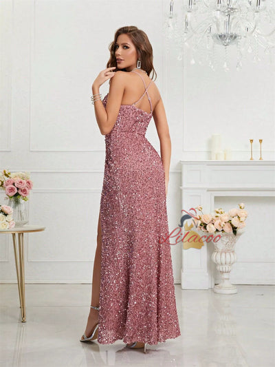 Pink Sequins V-neck Pleats Prom Dress