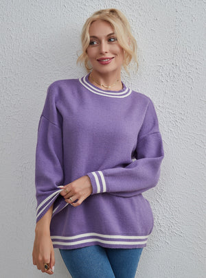 Solid Color Round Neck Striped Top Sweater