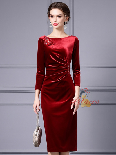 Burgundy Velvet Sequins Mother Of The Bride Dress