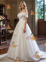 White Tulle One Shoulder Appliques Weding Dress