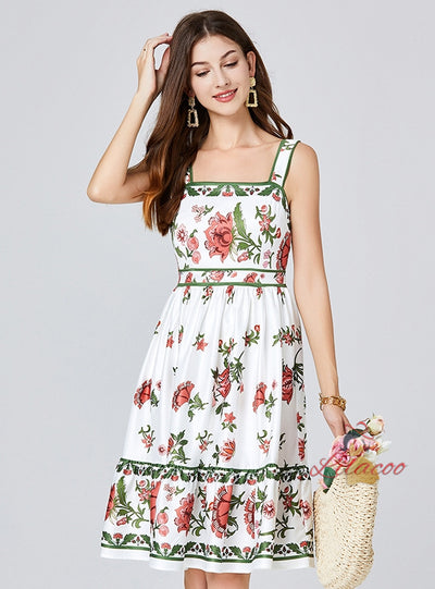 Retro Suspender Floral Print Dress