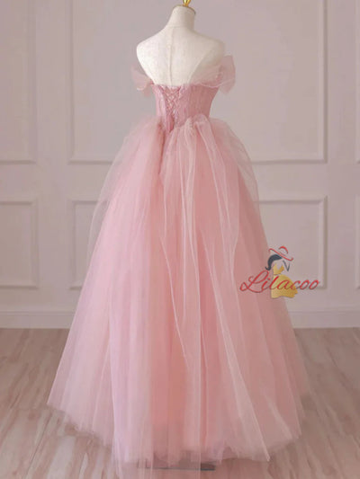 Pink Tulle Beading Pleats Prom Dress