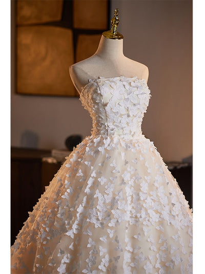 Ivory Tulle Strapless 3D Flower Wedding Dress