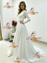 White Chiffon Long Sleeve Pleats Beading Wedding Dress