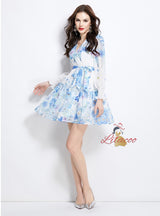 Deep V-neck Ribbon Printed Ruffled Dress