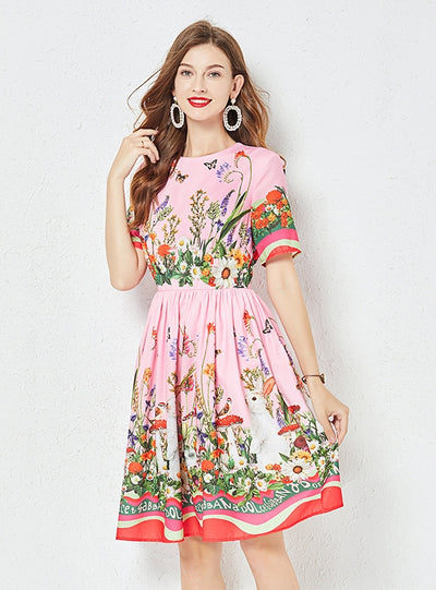 Slim-fit Mid-length Short-sleeved Printed Dress