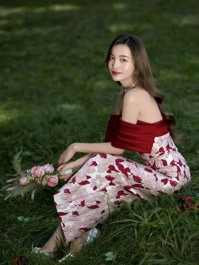 Burgundy Print Off the Shoulder Prom Dress