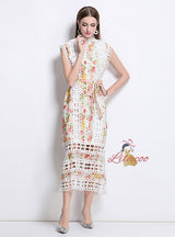 Openwork Lace Stitching Printed Dress