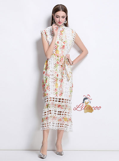 Openwork Lace Stitching Printed Dress