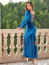 Square Neck Split Long Sleeve Velvet Dress