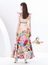 Flying Sleeve V-neck Slim Waist Printed Dress