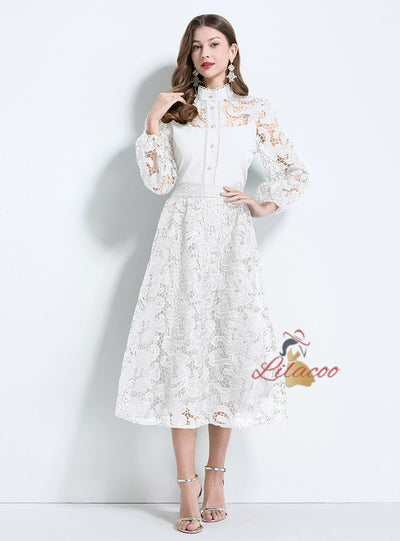 Hollow Crocheted Lace Shirt+High Waist Skirt